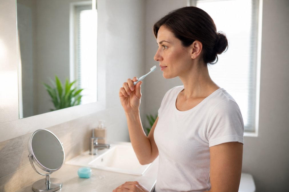 Woman brushing her teeth at a bathroom sink to prevent plaque buildup