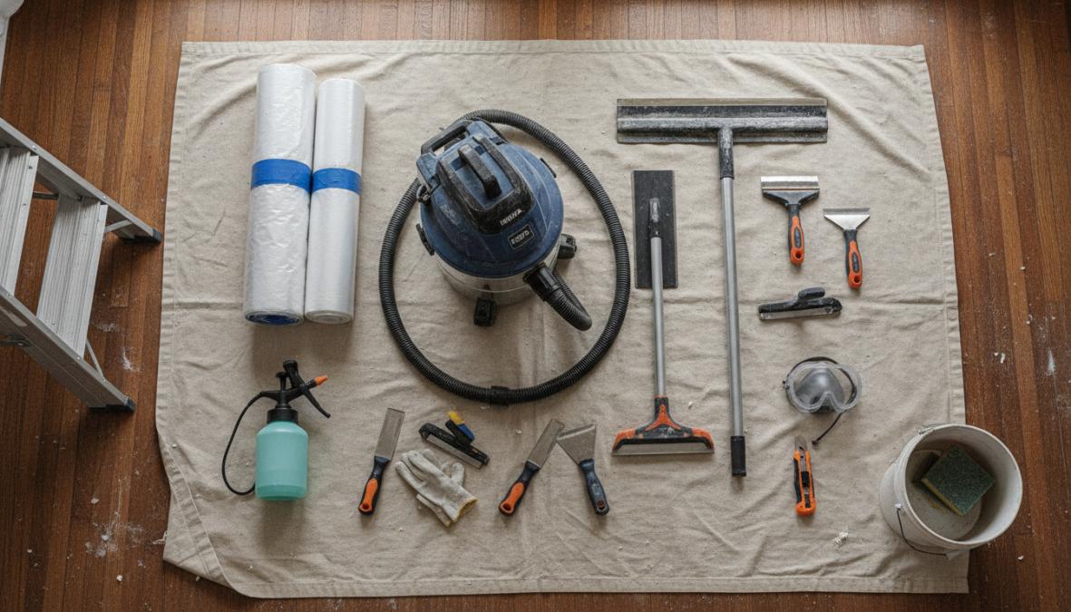 Flat lay photograph of popcorn ceiling removal tools arranged on a wooden work surface in natural light, including a putty knife, floor scraper, garden sprayer bottle, white P100 respirator, safety goggles, folded drop cloth, and a HEPA vacuum nozzle