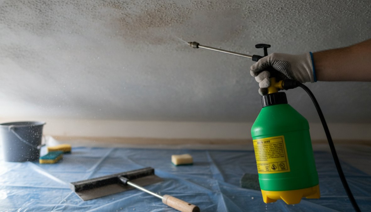 Close-up photograph of a worker in a white respirator and sealed safety goggles misting a textured popcorn ceiling with a garden sprayer, arm extended upward, water droplets visible on the ceiling surface under bright work lighting