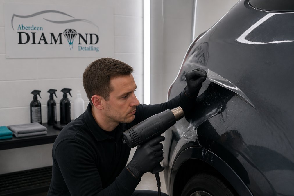 Professional technician using a heat gun on a car panel to soften PPF, with the film beginning to lift at the corner, in a well-lit detailing workspace