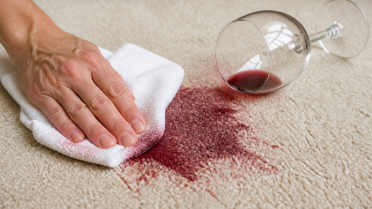 Close-up of a person's hand using a clean white cloth to blot a red wine spill on a light beige carpet, with a glass of red wine tipped over nearby