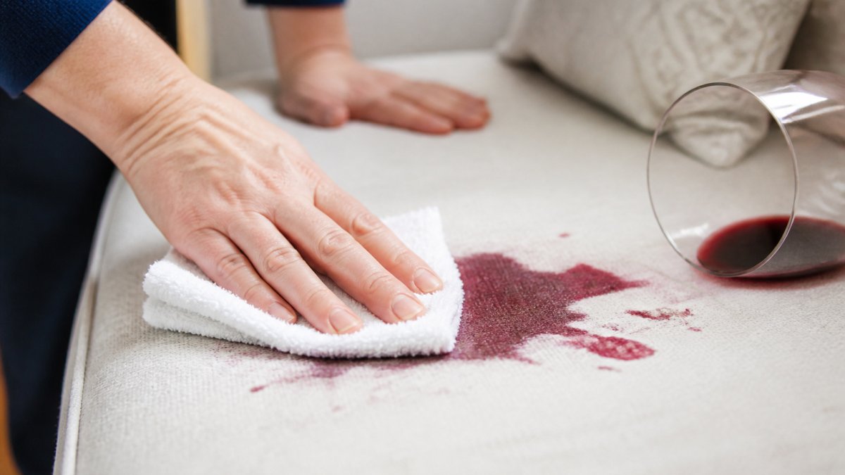 Close-up of hands blotting a fresh red wine spill on light-colored upholstery with a white cloth, showing proper blotting technique without rubbing