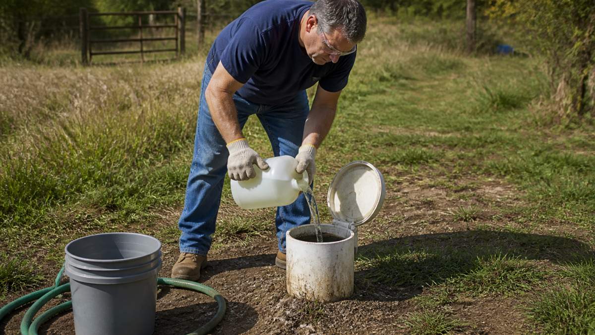 A homeowner in work gloves and safety glasses pouring chlorine bleach into an open well casing in a rural backyard, with a garden hose and bucket nearby