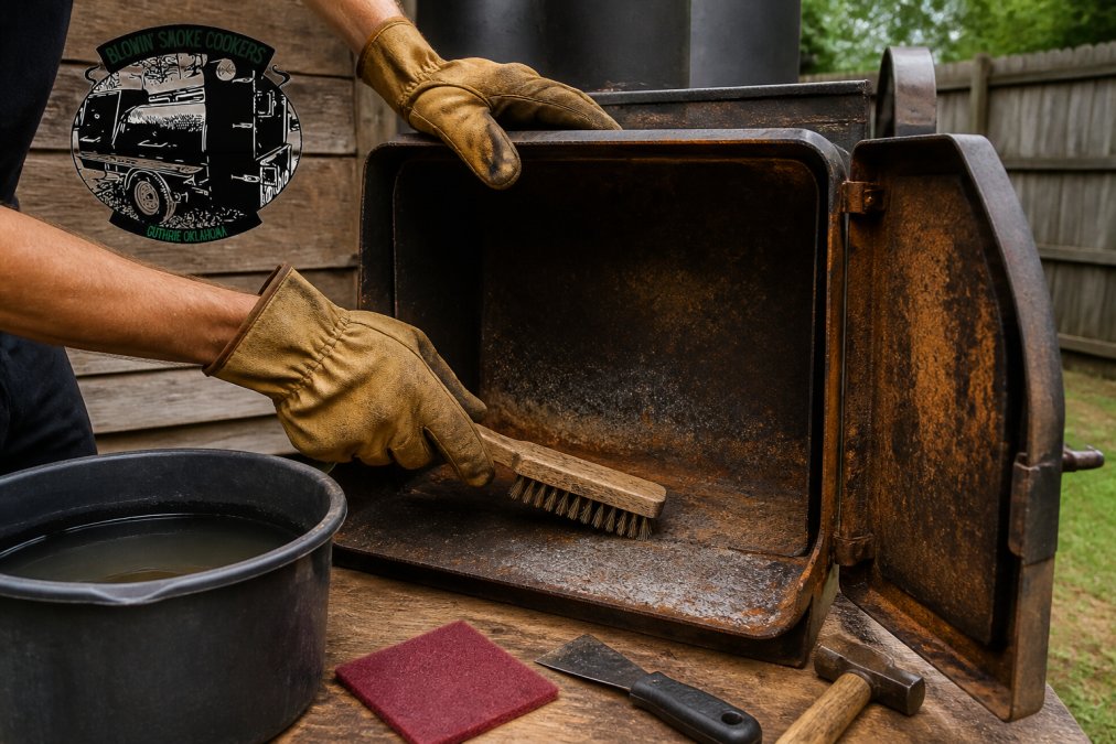 Hands in work gloves scrubbing smoker firebox rust with a wire brush in a backyard setting