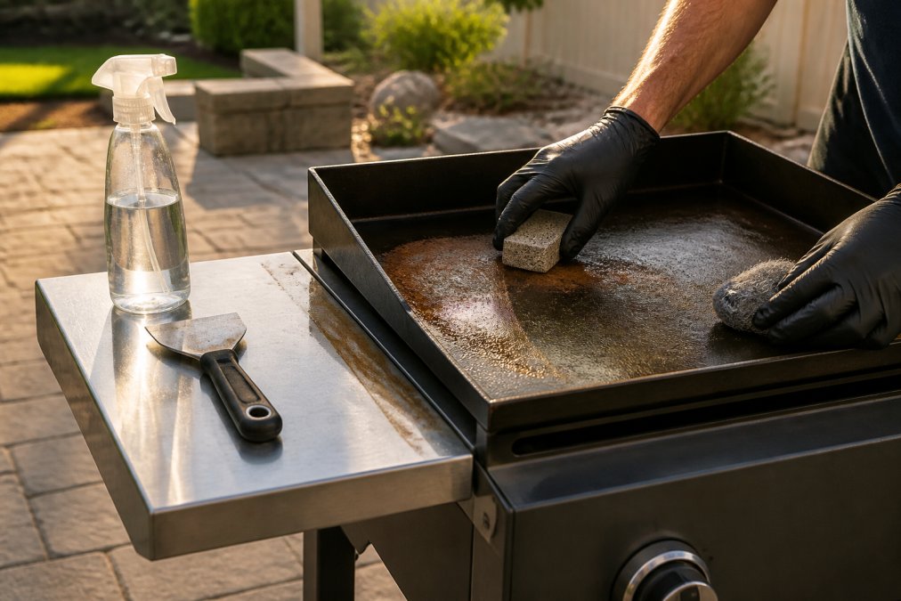 Gloved hands scrubbing rust from a flat-top griddle with a grill stone and steel wool