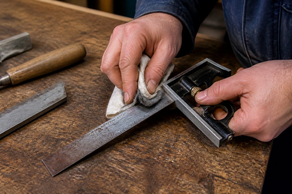 Close-up of a joiner's hands in a workshop wiping rust from a steel combination square blade with a cloth and fine abrasive pad, wooden workbench and hand tools visible around it