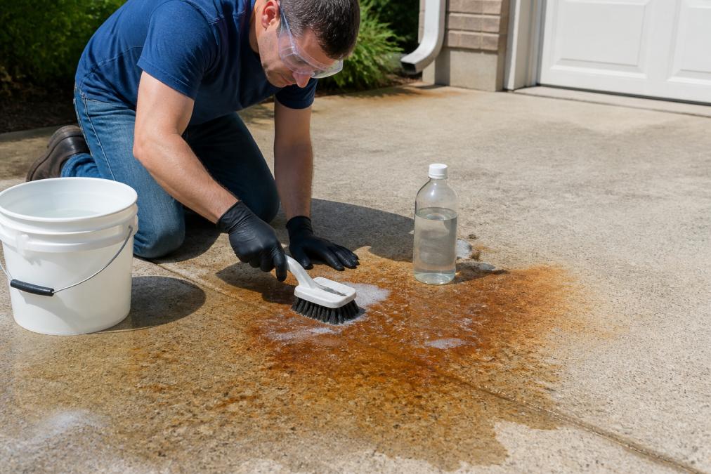 A homeowner wearing protective gloves and safety goggles applying a white vinegar solution to a rust-stained concrete driveway with a scrub brush, with a bucket nearby