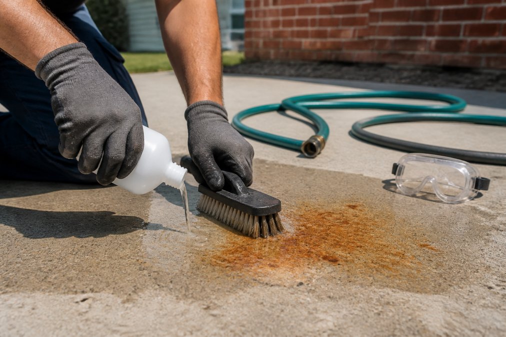 A gloved hand applying a liquid rust remover onto a concrete driveway stain with a stiff brush, garden hose and safety goggles visible nearby in bright afternoon sunlight