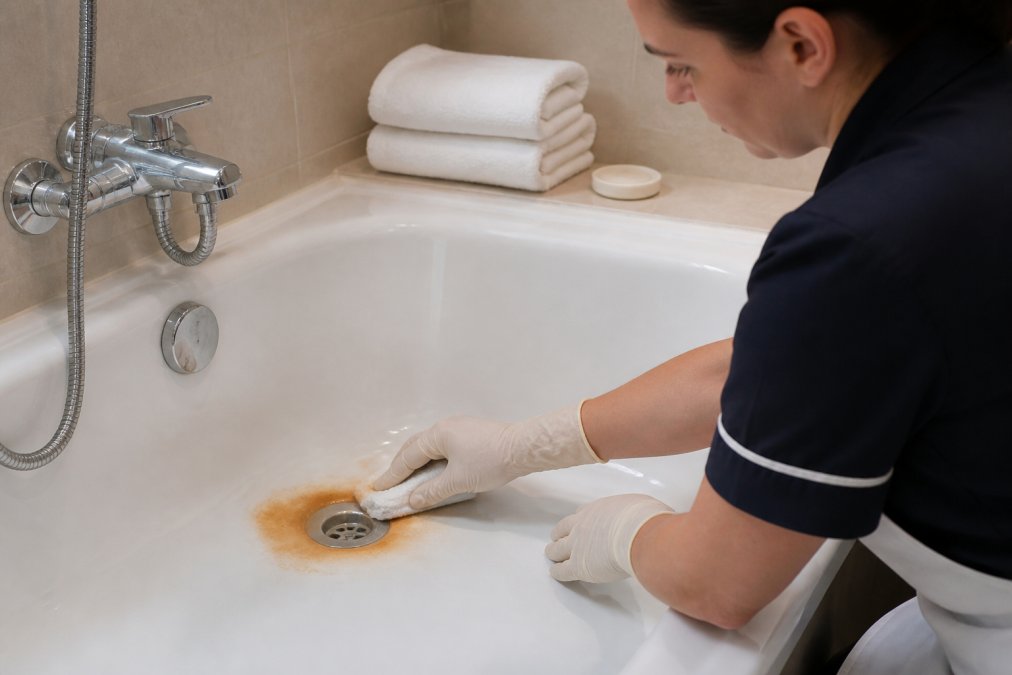 A housekeeping team member in a hotel bathroom wearing gloves, applying a white cleaning paste to an orange-brown rust stain around a bathtub drain with a soft cloth, bright bathroom lighting, folded white towels on the bath edge