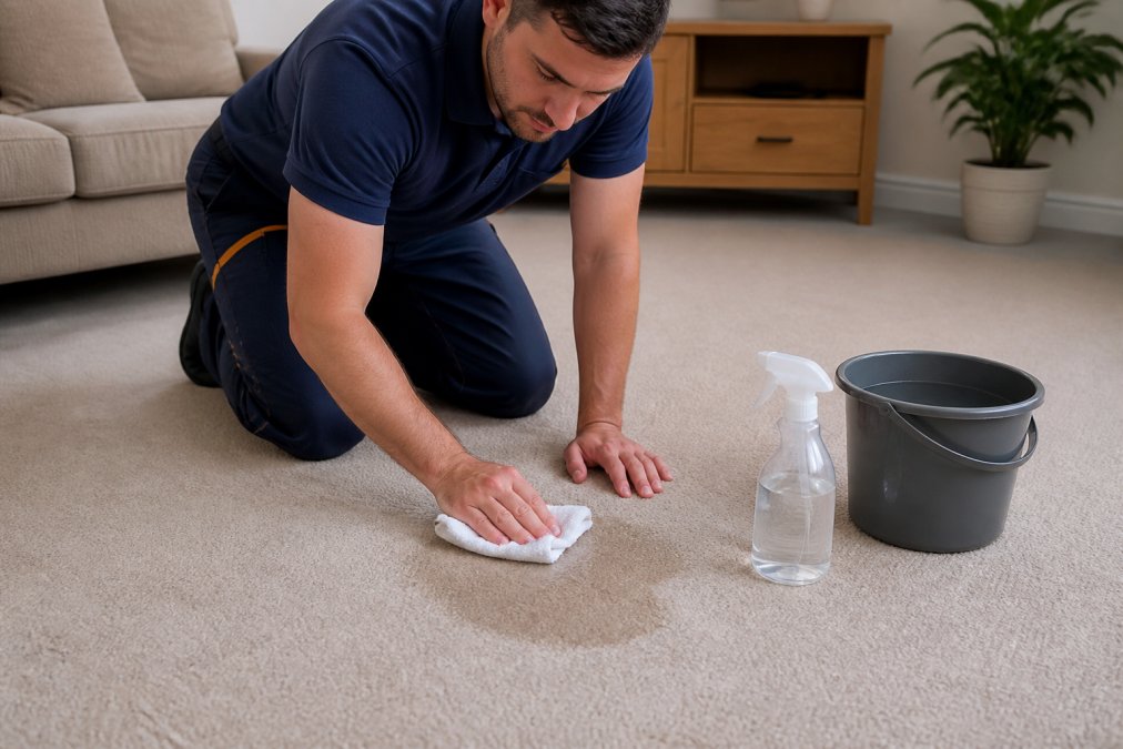 A person kneeling on a carpeted living room floor, using a clean white cloth to blot a damp patch of carpet, with a spray bottle of diluted white vinegar solution and a bucket of clean water beside them