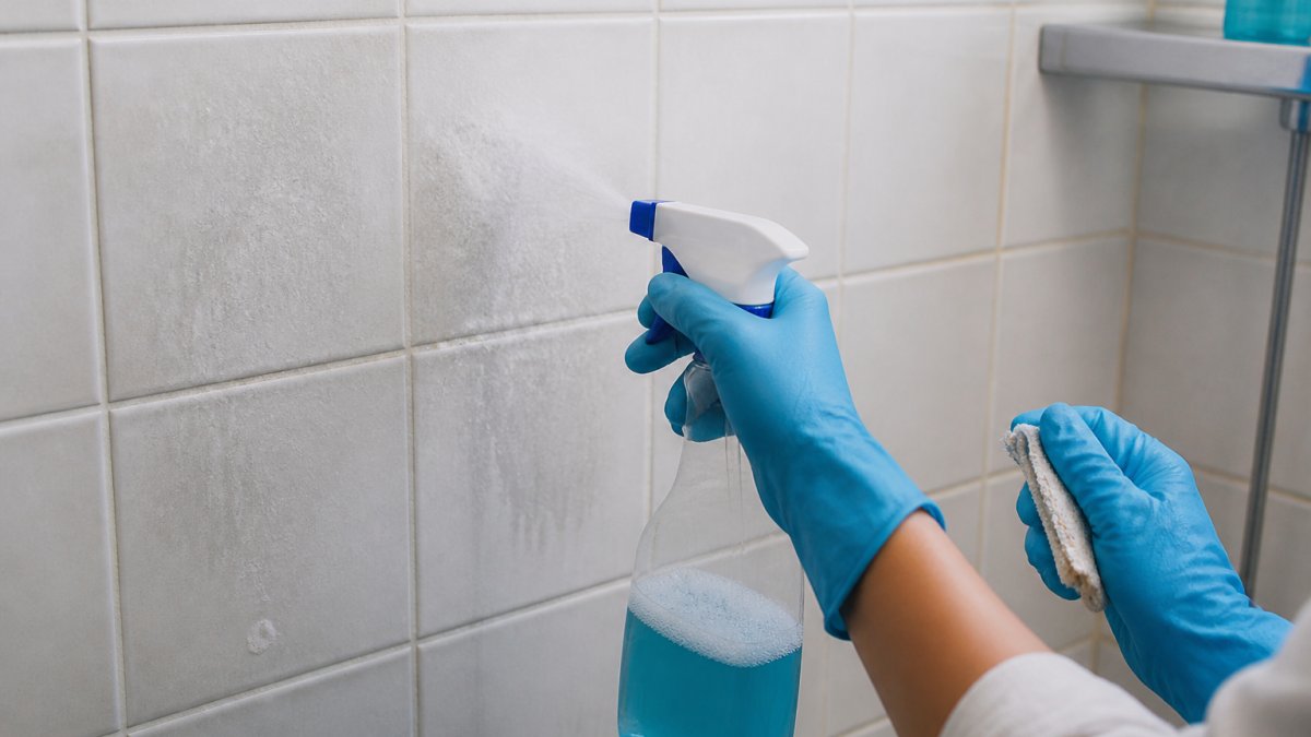 Close-up of hands wearing rubber gloves applying a cleaning spray solution to white shower tile with visible cloudy soap scum residue and mineral deposits