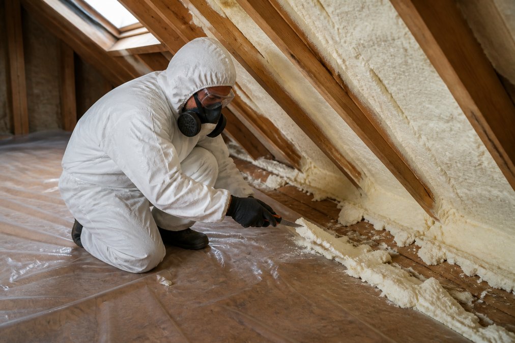 Contractor in protective gear using a utility knife to learn how to remove spray foam insulation from a roof deck