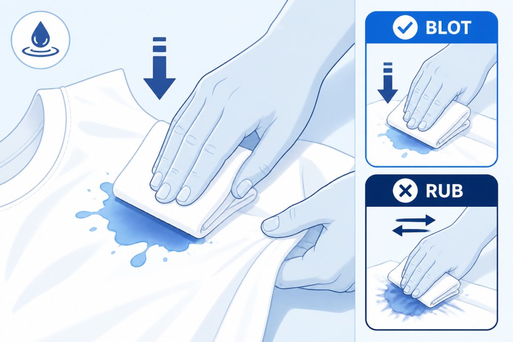 Close-up of hands gently blotting a fresh stain on white fabric with a clean white cloth, showing proper blotting technique without rubbing