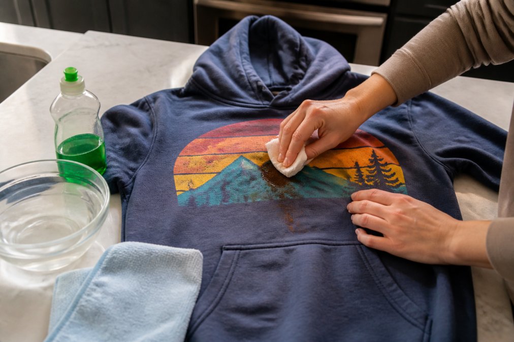 Close-up of hands blotting a coffee stain on a colorful graphic hoodie laid flat on a clean kitchen counter, with a bottle of dish soap, a soft cloth, and a bowl of cold water nearby
