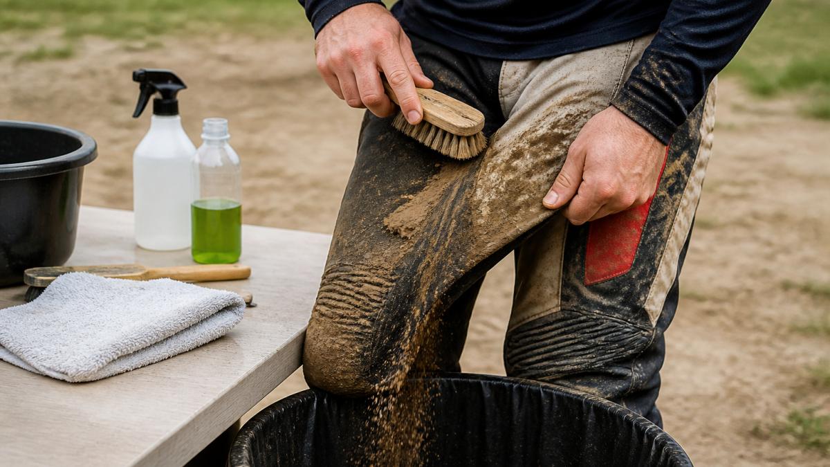 Close-up of muddy motocross pants being gently brushed with a soft-bristled brush outdoors, with dried mud particles falling into a trash bin, natural daylight
