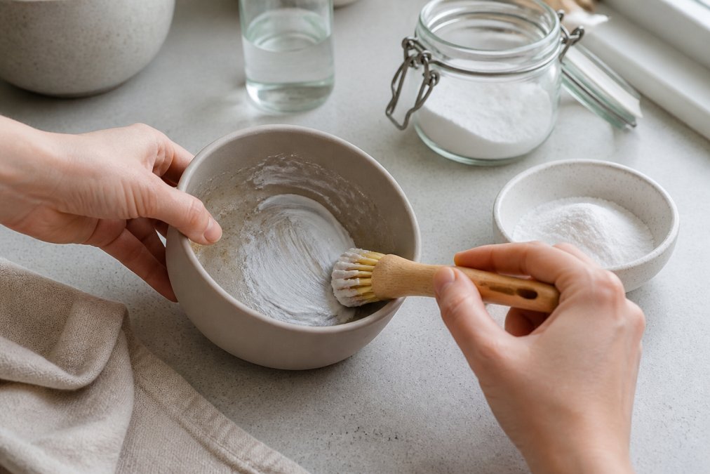 Close-up of hands applying a thick white baking soda paste onto a stained silicone baby bowl with a small brush, on a clean kitchen bench in soft daylight