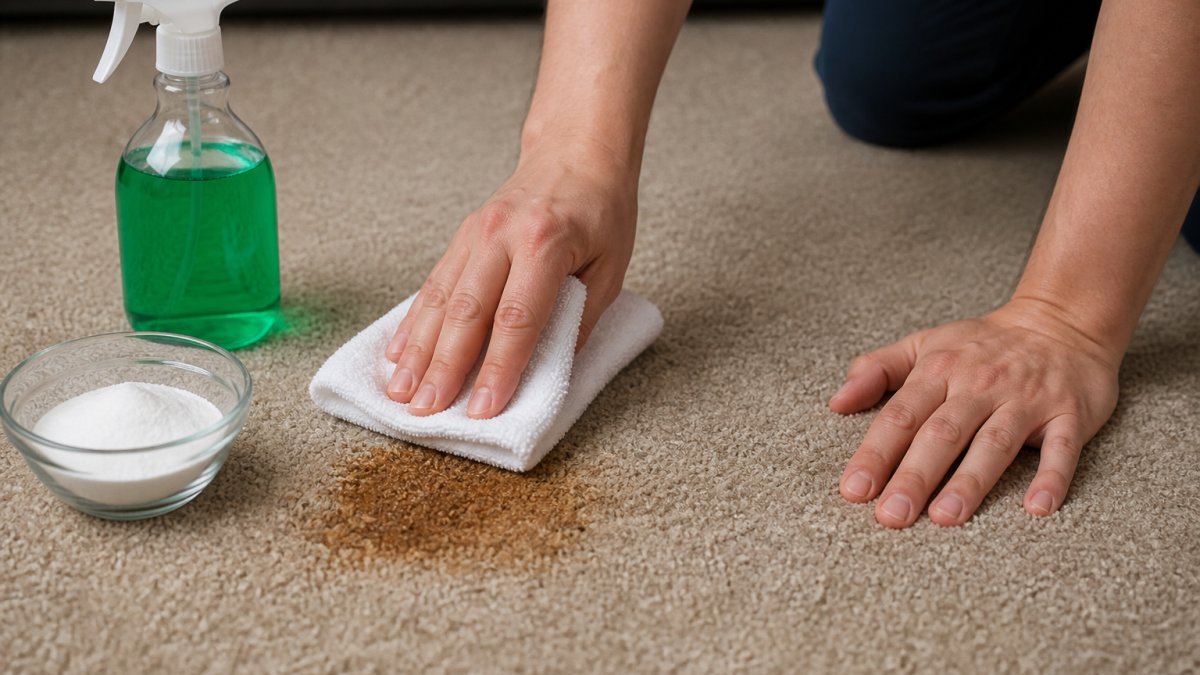 Close-up of a person's hands blotting a fresh coffee stain on a beige carpet with a white microfiber cloth, a spray bottle of green cleaning solution and a bowl of baking soda visible on the floor nearby