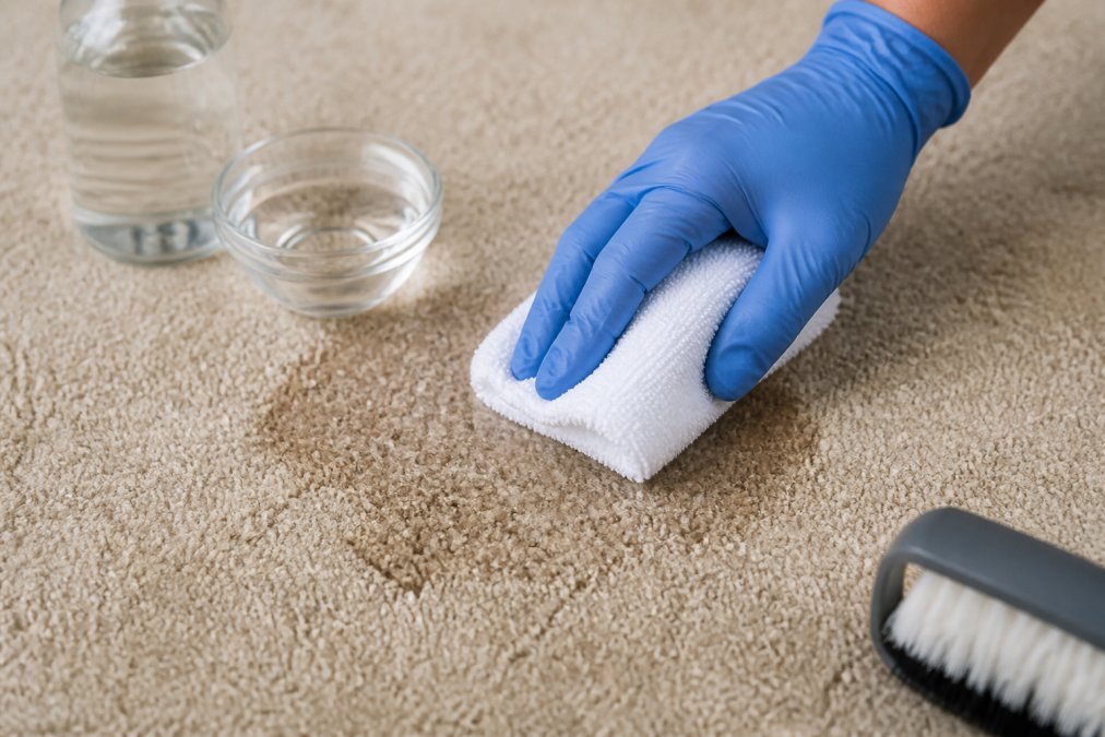 A gloved hand pressing a white microfiber cloth soaked in vinegar solution against a section of beige carpet, blotting gently with visible damp patch