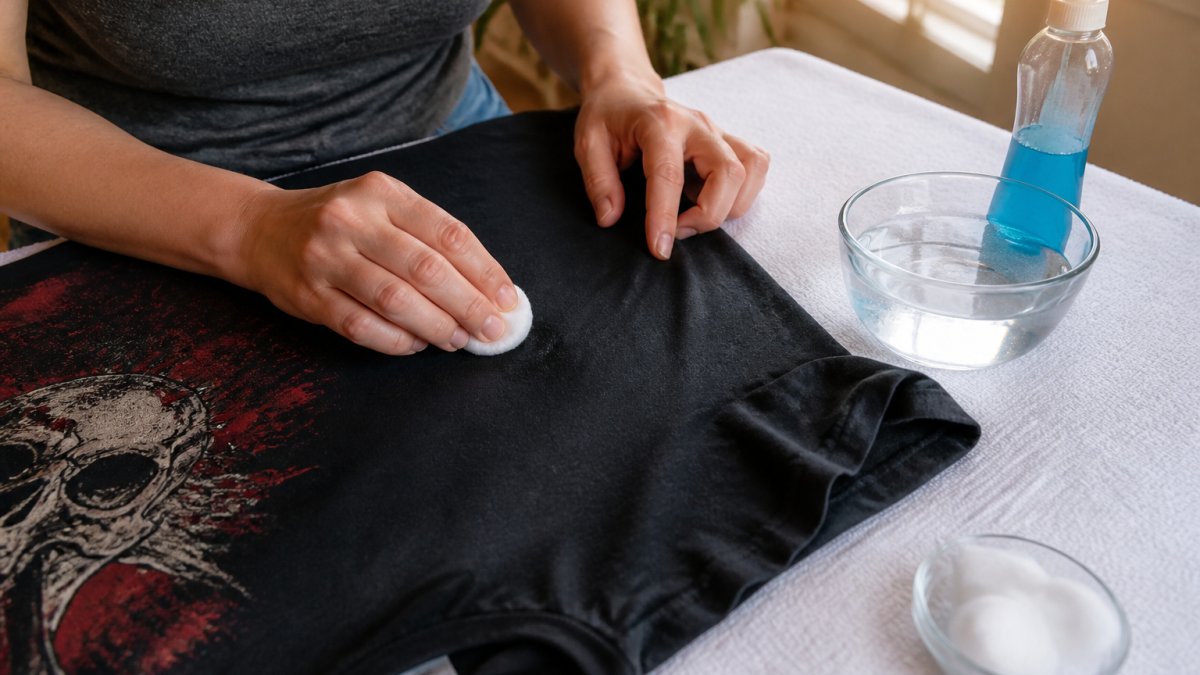 Close-up of hands using a cotton ball to gently blot a sticky patch on a black graphic t-shirt laid flat on a clean white towel, with a small bowl of warm water and a bottle of dish soap nearby