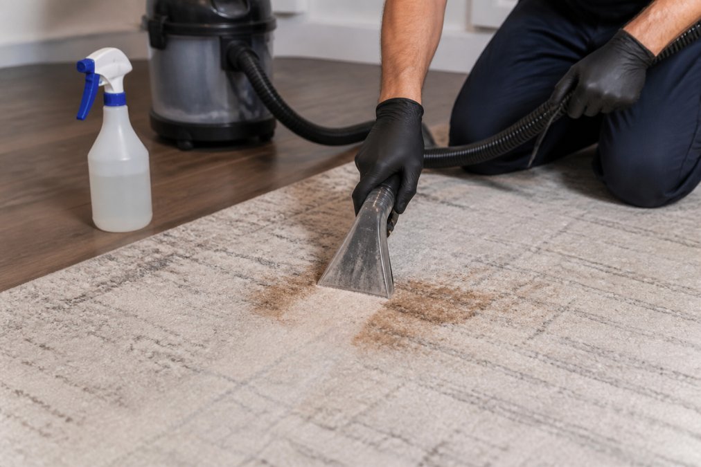 Professional technician using a wet vacuum on a carpet to extract cleaning solution and moisture from a pet accident stain, with a spray bottle of enzyme cleaner visible on the hardwood floor nearby