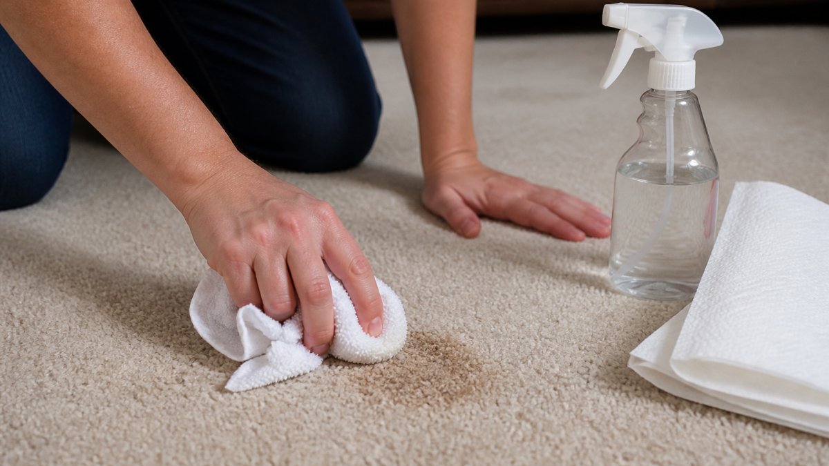 Hands blotting a fresh pet stain on a carpet, a key step in how to remove stubborn pet stains effectively.