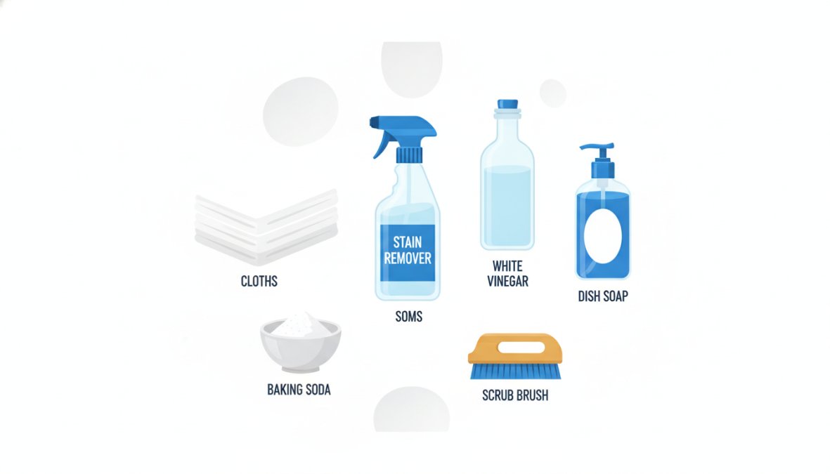 Flat-lay photo on a clean white surface showing stain removal supplies arranged neatly: a spray bottle, folded white absorbent cloths, an open box of baking soda, a small bottle of distilled white vinegar, dish soap, and a soft-bristled brush under bright natural lighting