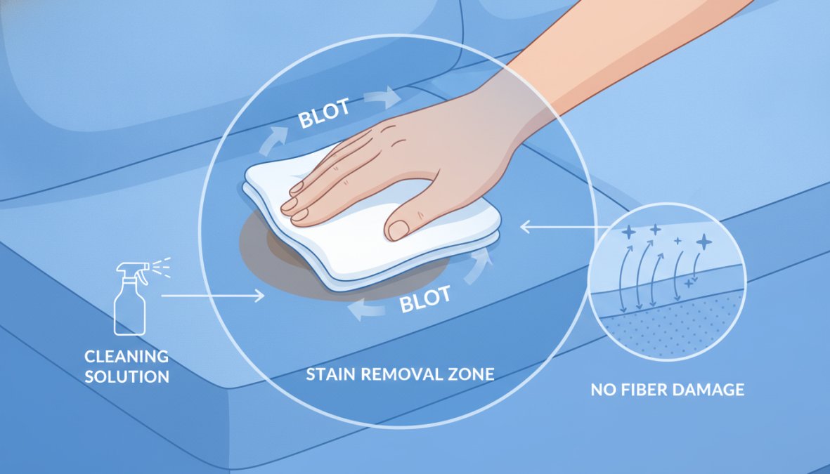 Close-up of a person's hands gently pressing a clean white cloth against a faint stain on a light-colored linen sofa cushion, with careful blotting technique visible and soft natural light coming from a nearby window