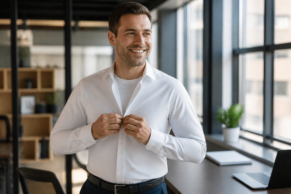 Professional man wearing crisp white dress shirt with visible undershirt at neckline, appearing fresh and confident in bright office setting with natural window lighting