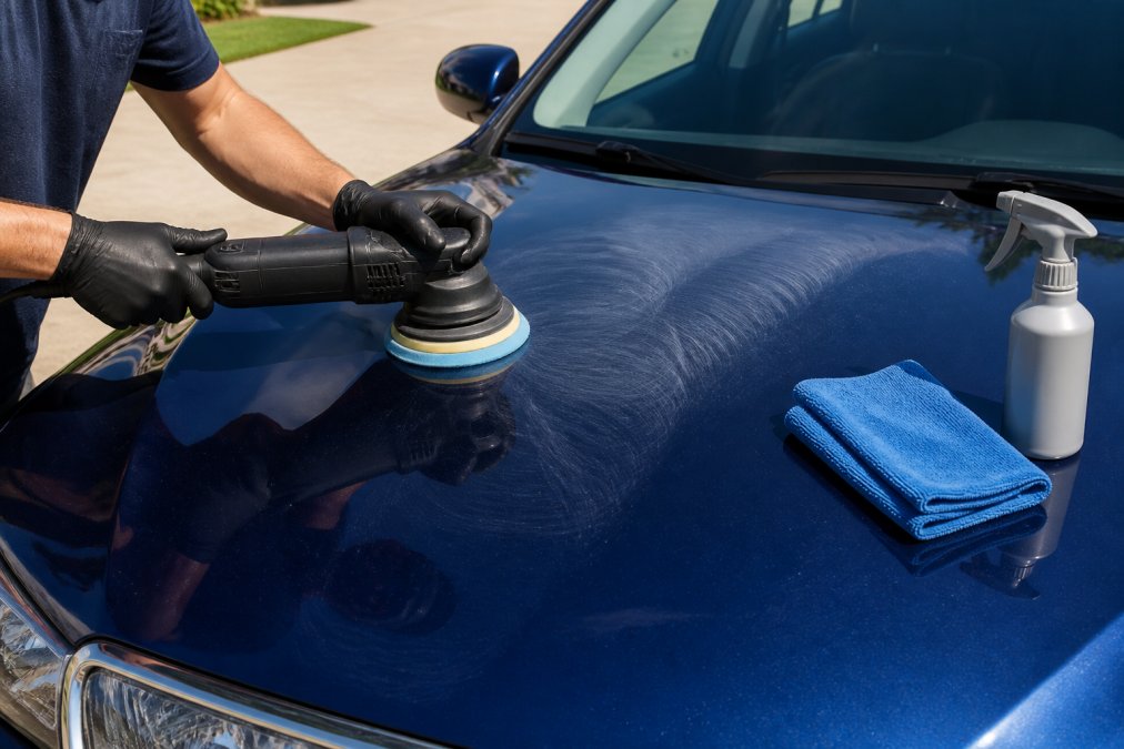 Dual action polisher removing swirl marks on a dark blue car hood using a cross-hatch pattern