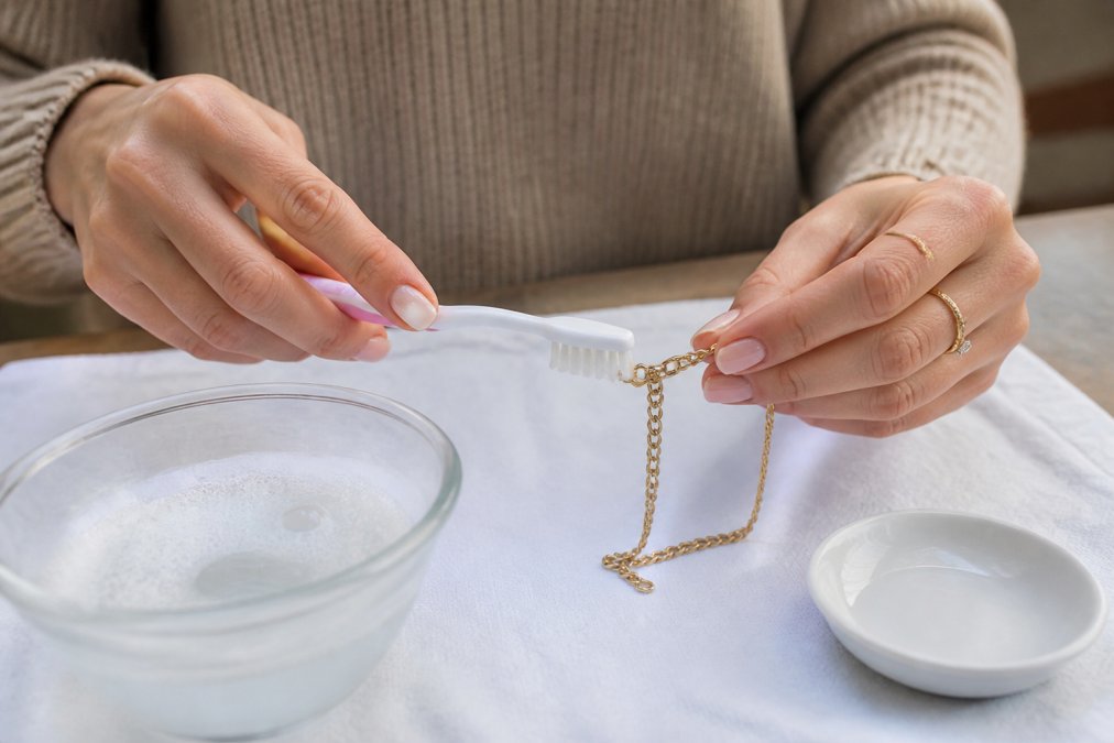 Close-up of hands gently cleaning a gold necklace with a soft-bristled toothbrush and a bowl of soapy water on a clean white cloth