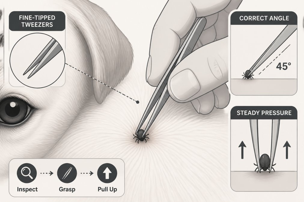Close-up of a hand holding fine-tipped tweezers positioned at a tick embedded on a dog's light-colored fur, showing proper grip angle and steady pressure technique