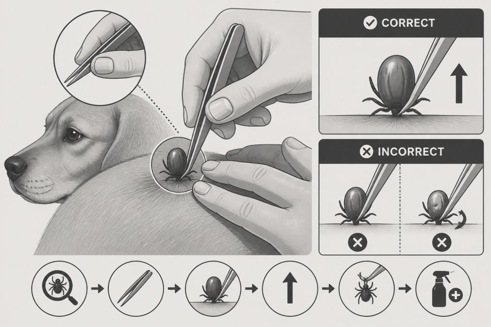 Pet owner's hands using fine-tipped tweezers to carefully extract an engorged tick from a dog's skin with proper steady pressure and upward angle, showing the exact grip position