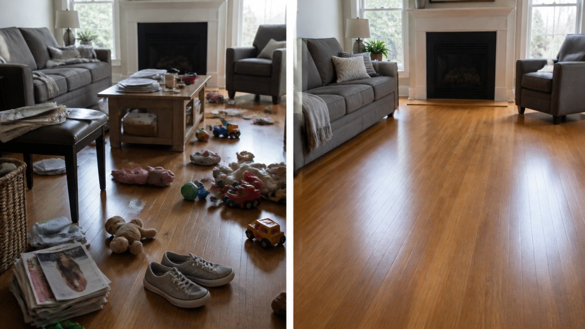 A cluttered living room floor with scattered shoes, toys, magazines, and small furniture blocking clear pathways, compared to the same room with open, unobstructed walking routes