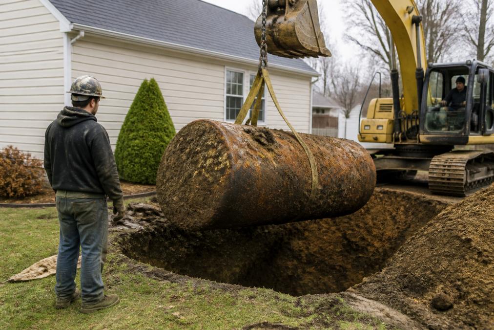 Infographic showing how to remove underground oil tanks on Long Island via heavy machinery excavation.