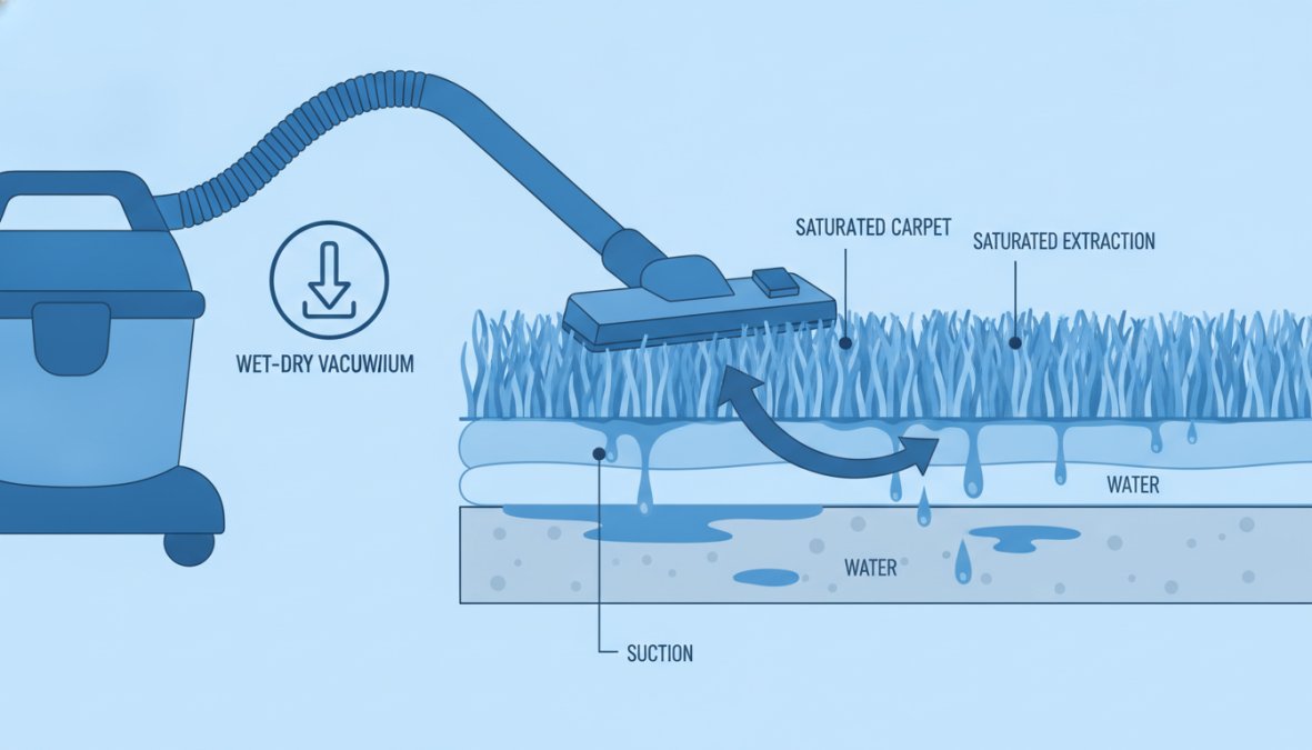Close-up of a wet-dry vacuum hose positioned on saturated carpet fibers, extracting standing water from a residential floor in natural daylight