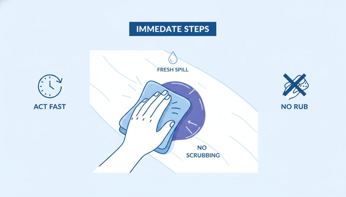 Close-up of hands carefully blotting a fresh red wine spill on white fabric with an absorbent cloth, showing proper blotting technique without scrubbing
