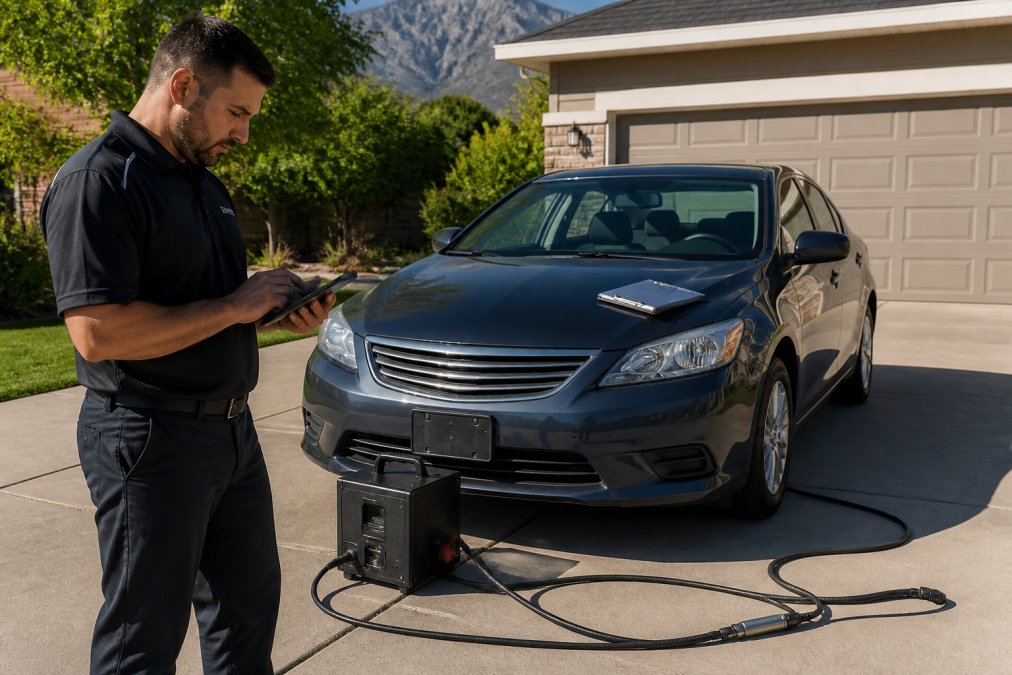 Certified technician using a tablet to renew car registration at a home driveway during an emissions test.