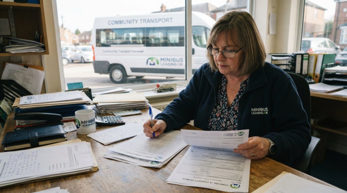 A community transport manager completing a permit renewal form with supporting documents spread across the desk, including vehicle insurance certificates and driver licence copies