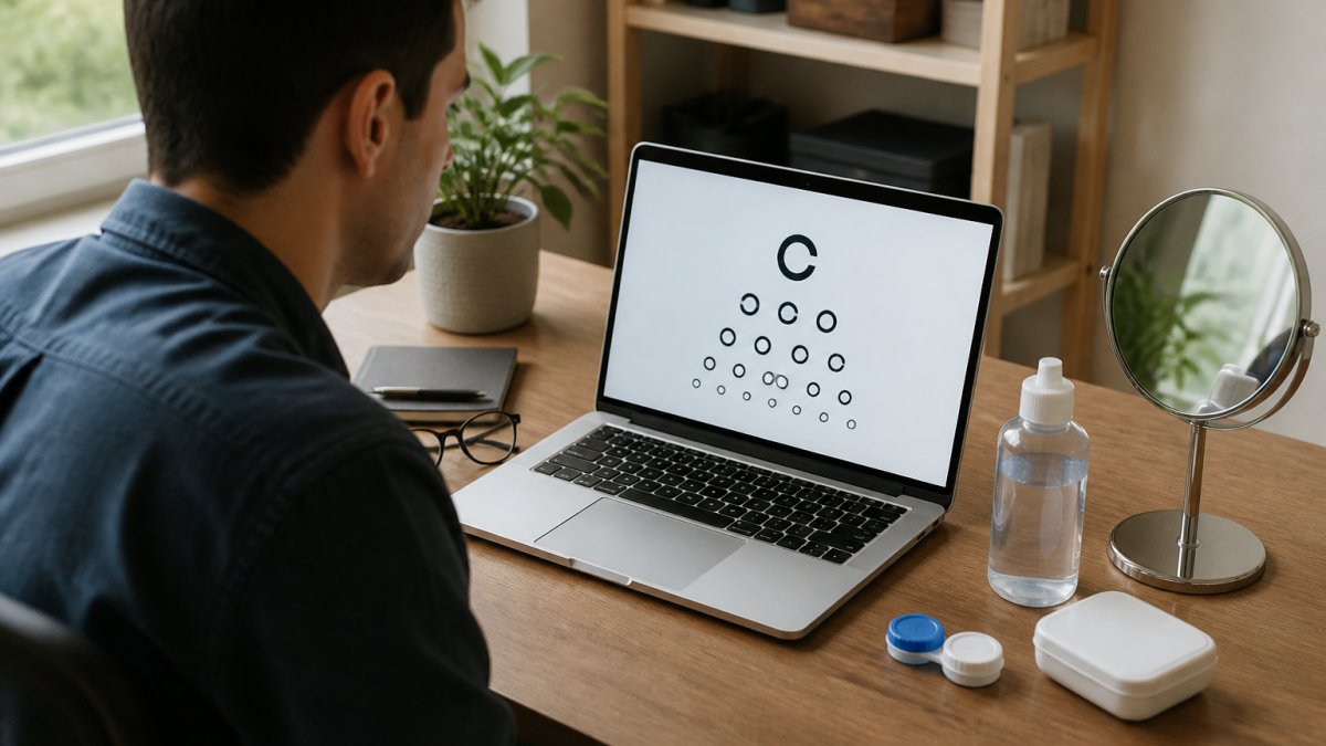 A person sitting at a desk with a laptop, looking at an online vision test on the screen, with a contact lens case and solution nearby, in a well-lit room