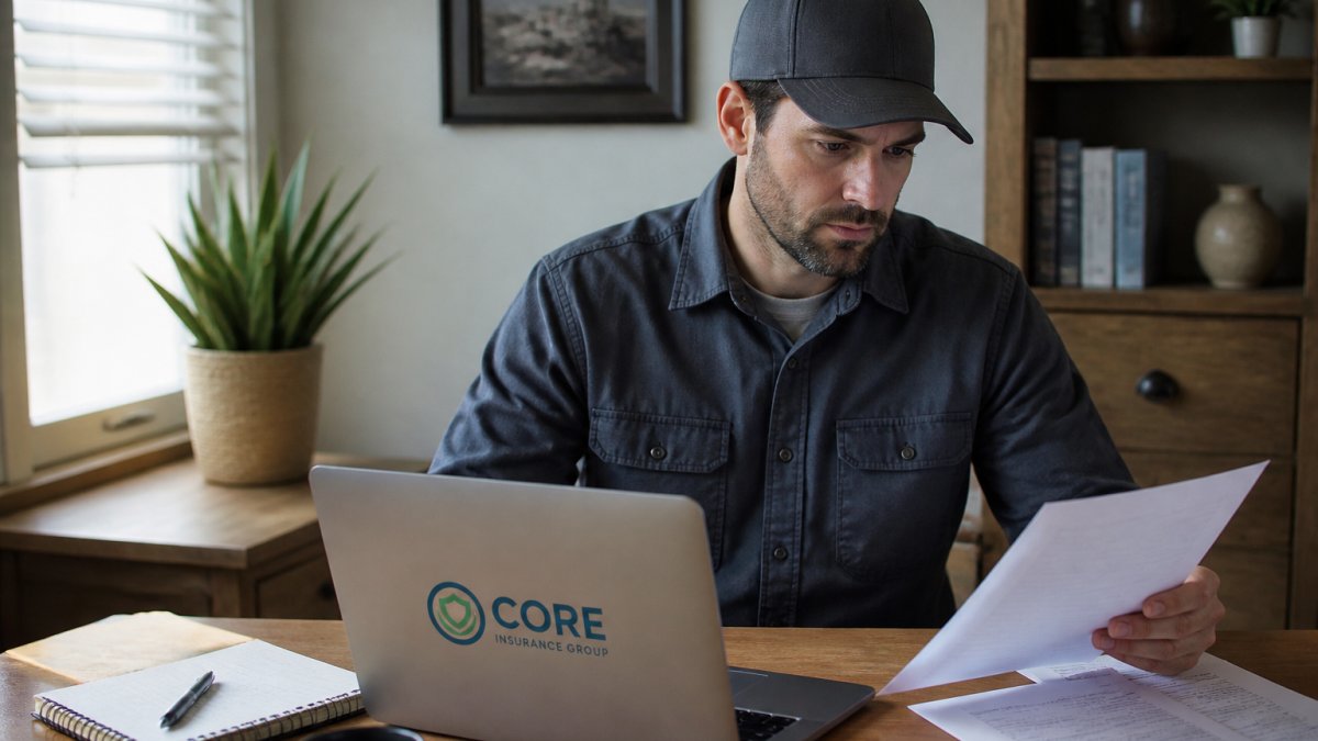A contractor at a desk reviewing bond renewal paperwork on a laptop, with a notepad and coffee nearby in a bright home office