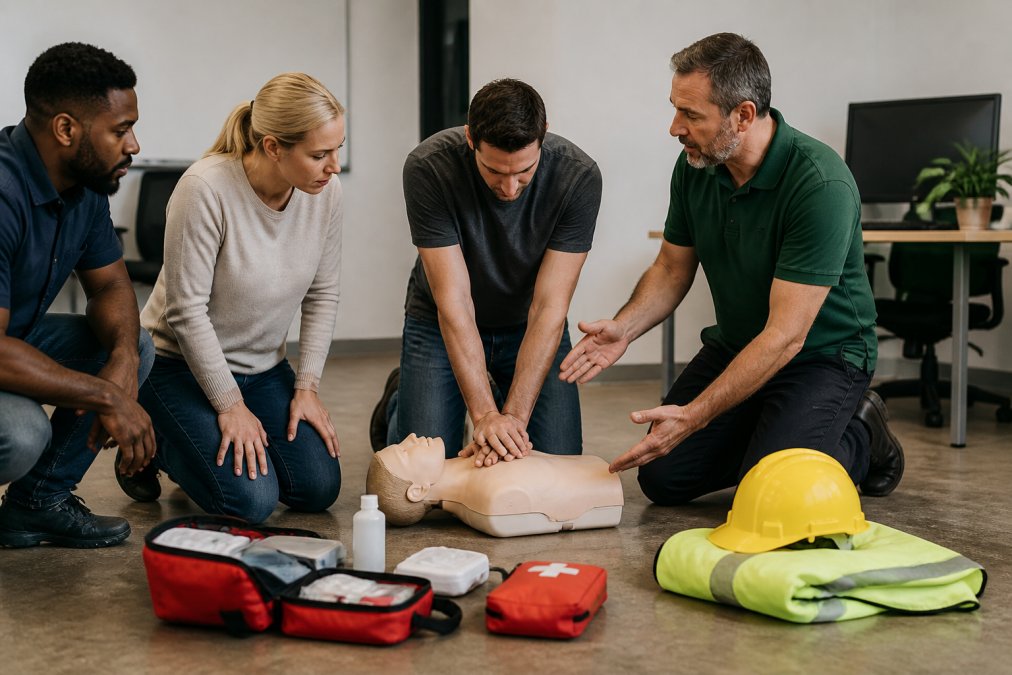 Instructor guiding students on CPR techniques as they renew first aid skills on training manikins