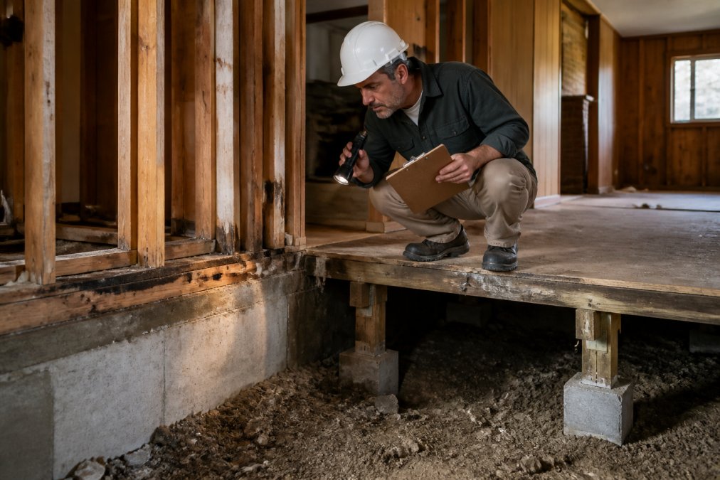 A contractor in a hard hat and work clothes inspecting the exposed framing and foundation of a 1970s split-level home interior, holding a clipboard and flashlight