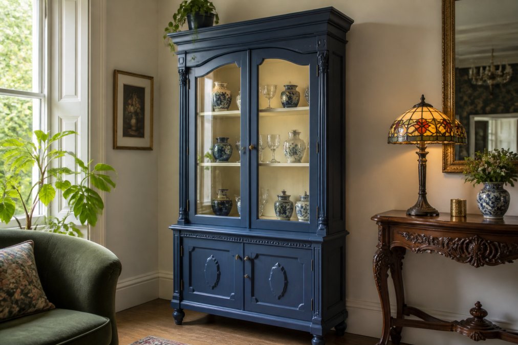 Infographic showing how to renovate period properties by selecting bespoke furniture like this heritage blue cabinet.