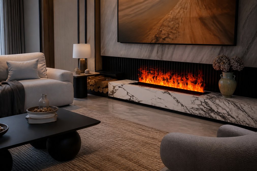 Modern living room with a sculptural statement fireplace as the central focal point, featuring realistic 3D steam flame effect with warm LED lighting, surrounded by neutral gray upholstery and minimalist furnishings, soft ambient lighting highlighting the fireplace's sculptural arch