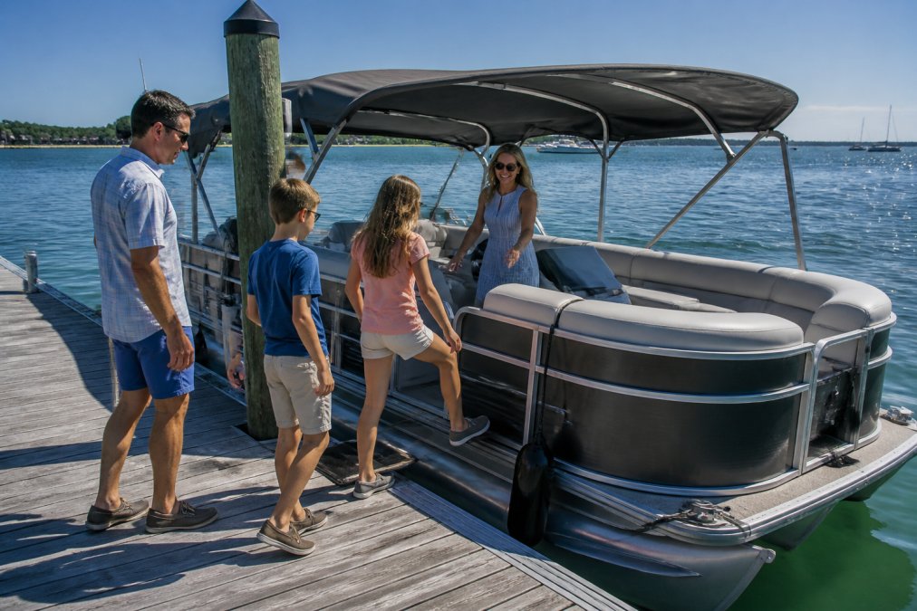A family boarding a modern pontoon boat at a sunny Florida marina dock, with calm blue Gulf water sparkling in the background