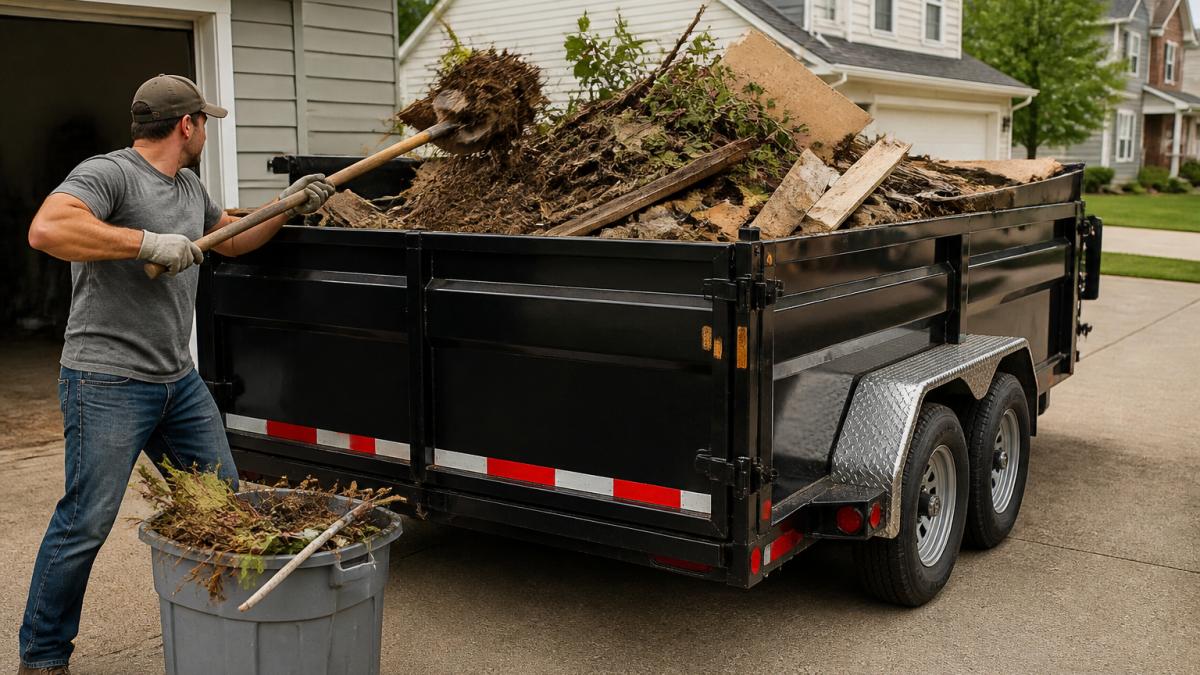 Homeowner loading construction debris and yard waste into a 12-yard dump trailer in a residential driveway, with the hydraulic tailgate visible and proper weight distribution shown