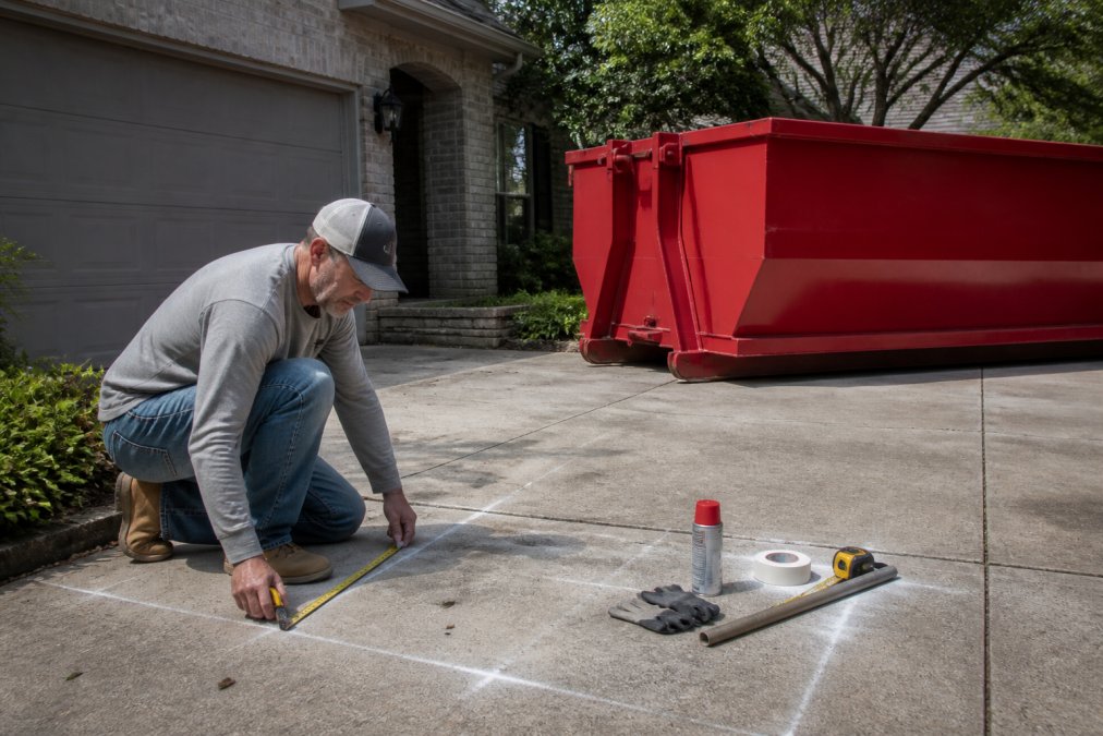 Homeowner measuring driveway space to prepare for how to rent a dumpster in Austin for home cleanout
