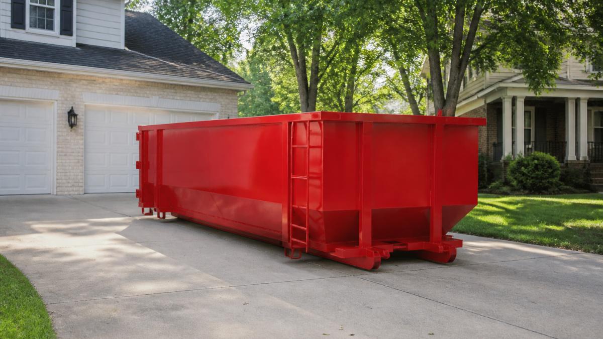 Diagram showing proper space requirements to rent roll-off dumpster on a residential driveway during delivery