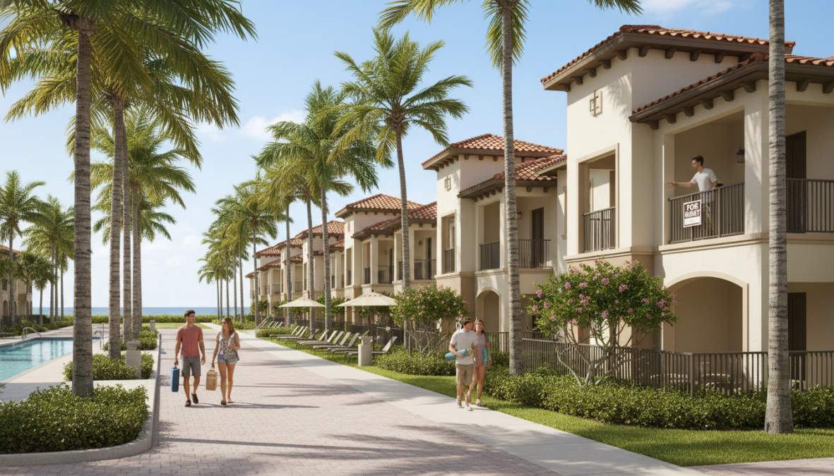 Sunny street view of a well-maintained residential neighborhood in Boca Raton, Florida, with tall palm trees lining a wide sidewalk and modern low-rise apartment buildings visible in the warm afternoon light