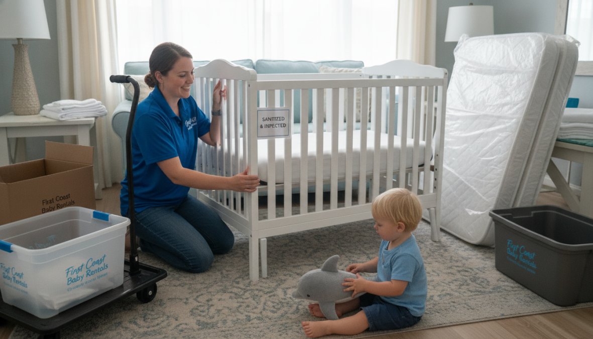 Professional illustration showing smiling and parent and young concepts for rent baby crib vacation